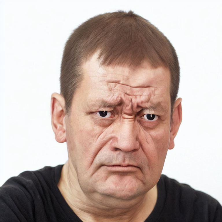 Middle-aged man with grumpy expression and flat haircut on white background