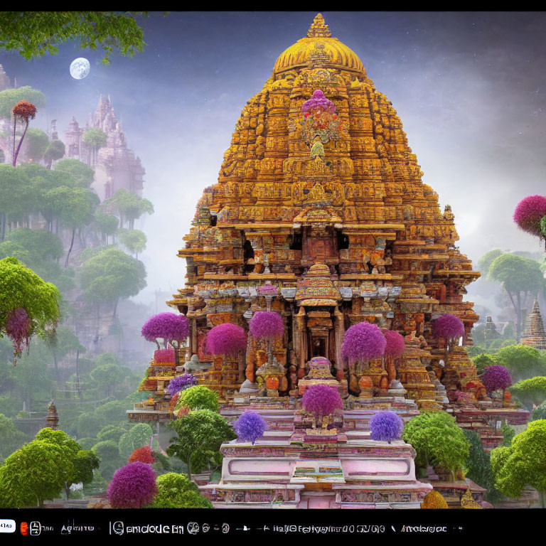 Vibrant golden-domed temple in lush greenery under twilight sky