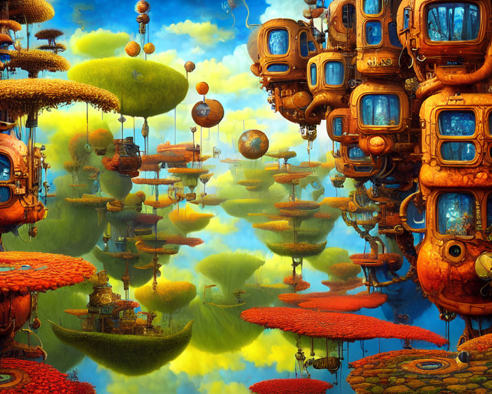 Surreal landscape with floating islands and whimsical treehouse structures