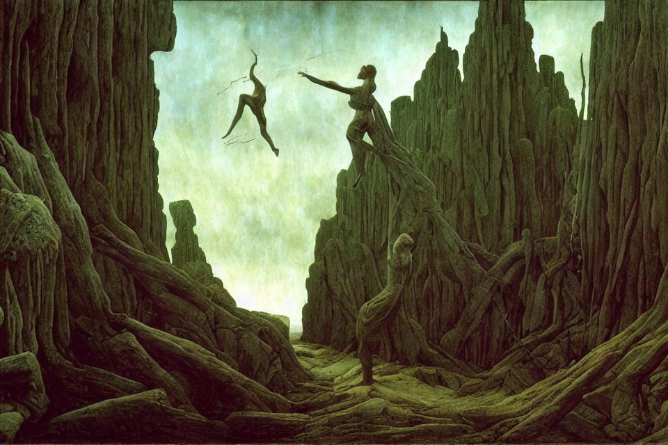 Ethereal landscape with spindly trees, soaring rocks, and surreal figures