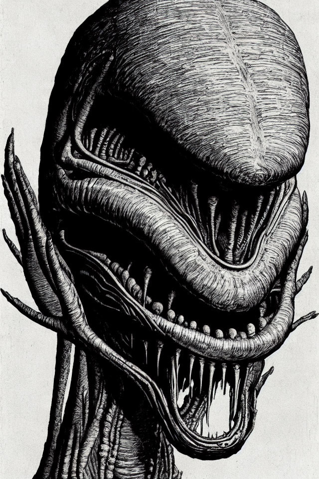 Detailed Black and White Xenomorph Sketch with Elongated Head and Sharp Teeth