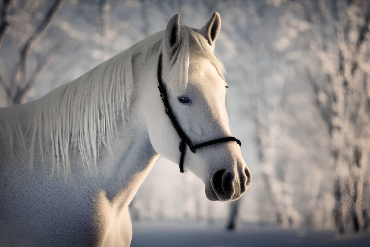 White horse with dark bridle in snow-covered landscape with frosty trees.