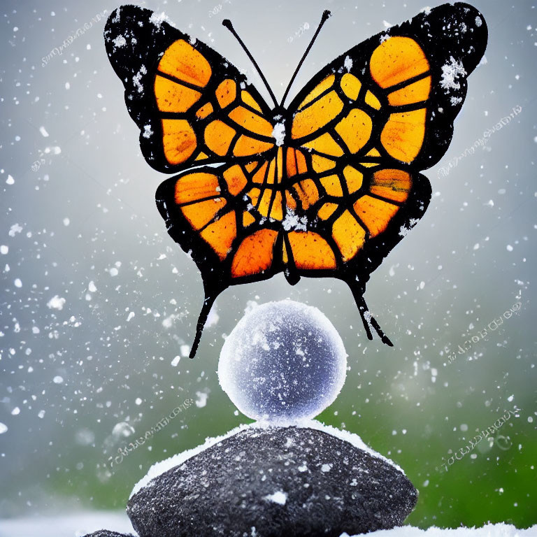 Colorful butterfly on stacked stones with snow globe in snowfall