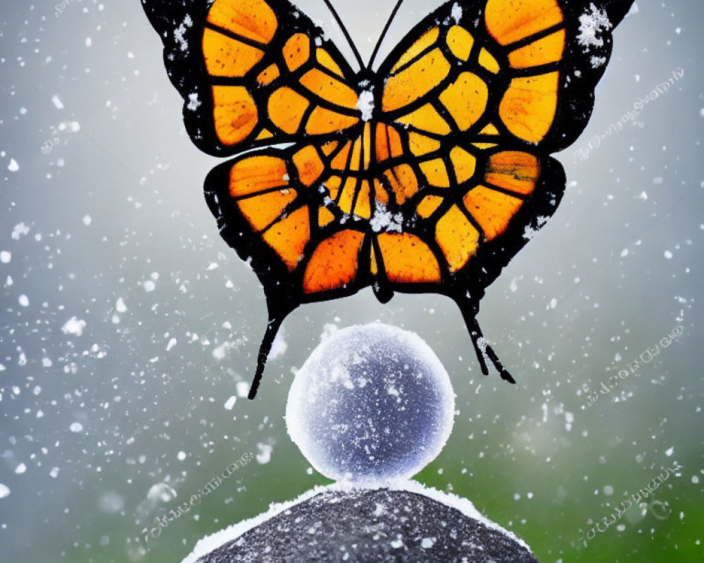 Colorful butterfly on stacked stones with snow globe in snowfall