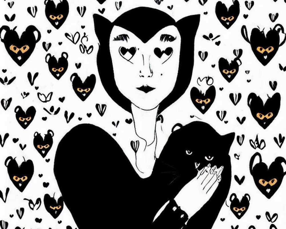 Person with Cat-Like Features Holding Black Cat in Heart Motif Illustration