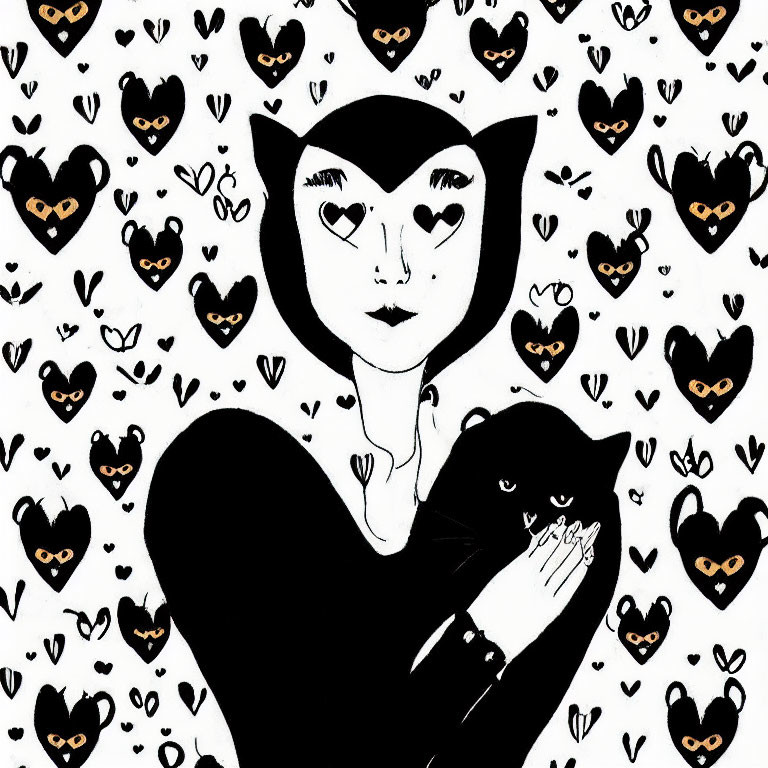 Person with Cat-Like Features Holding Black Cat in Heart Motif Illustration