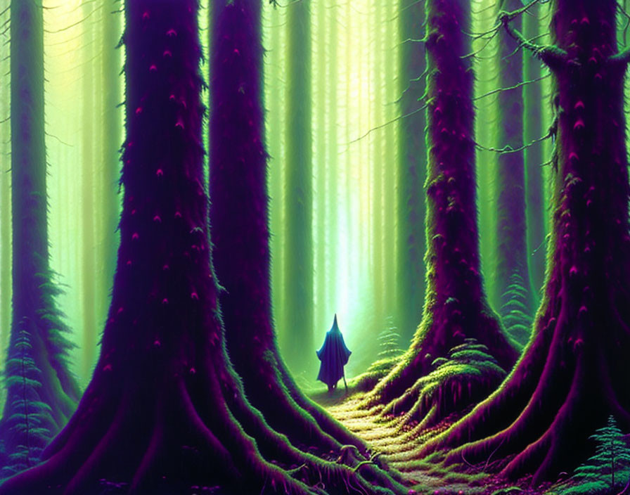 Mystical forest with towering moss-covered trees and lone figure below