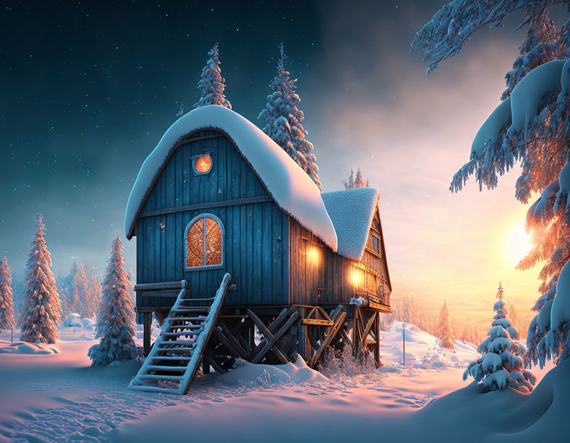 Snow-covered cabin in serene winter landscape with glowing lights and snow-laden trees at dusk