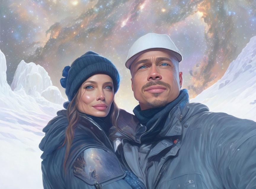 Winter-themed digital painting with couple and cosmic sky backdrop.