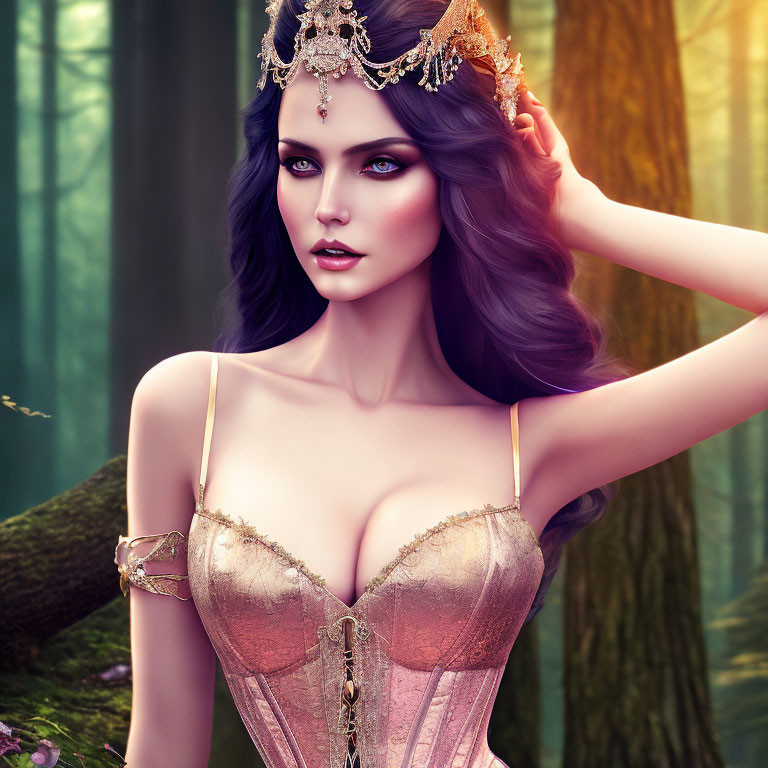 Fantasy woman with purple hair and crown in mystical forest setting