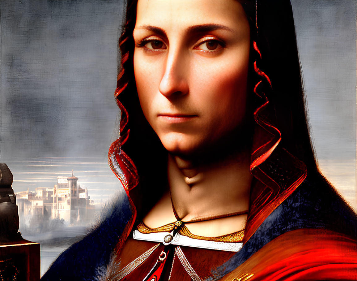 Digital portrait of woman in red dress against Renaissance-style backdrop