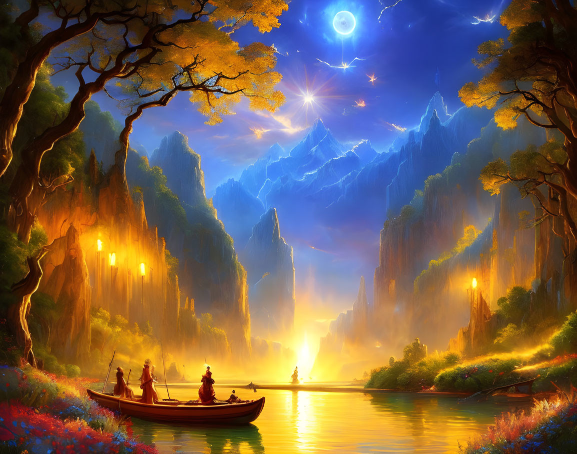 Fantasy landscape with mountains, sunset, river, boat, and flora