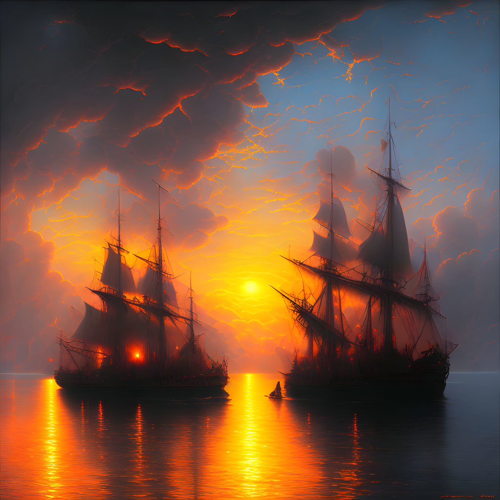 Tall ships on calm seas under dramatic orange sky with billowing clouds