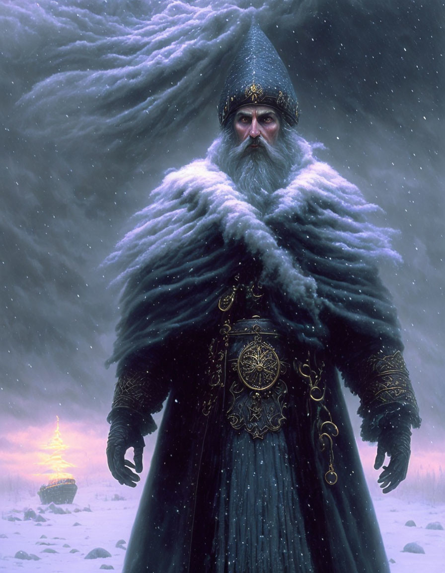 Medieval bearded man in fur cloak under snowy sky with glowing structure