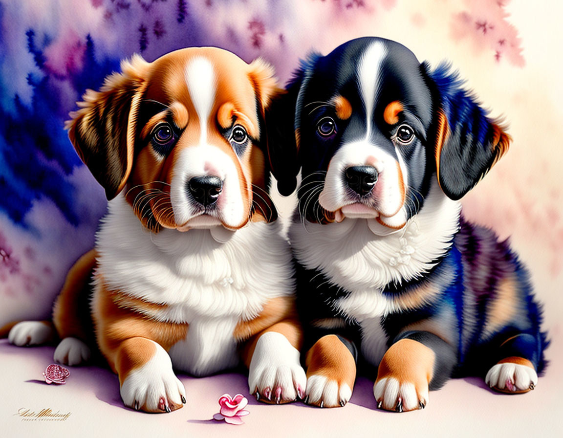 Two Bernese Mountain Dog Puppies with Pink Flower on Colorful Background