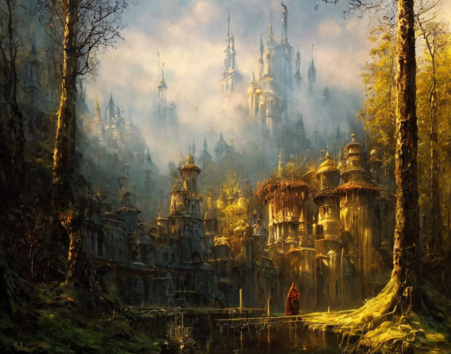 Mystical city with towering spires and cloaked figure in misty forest.