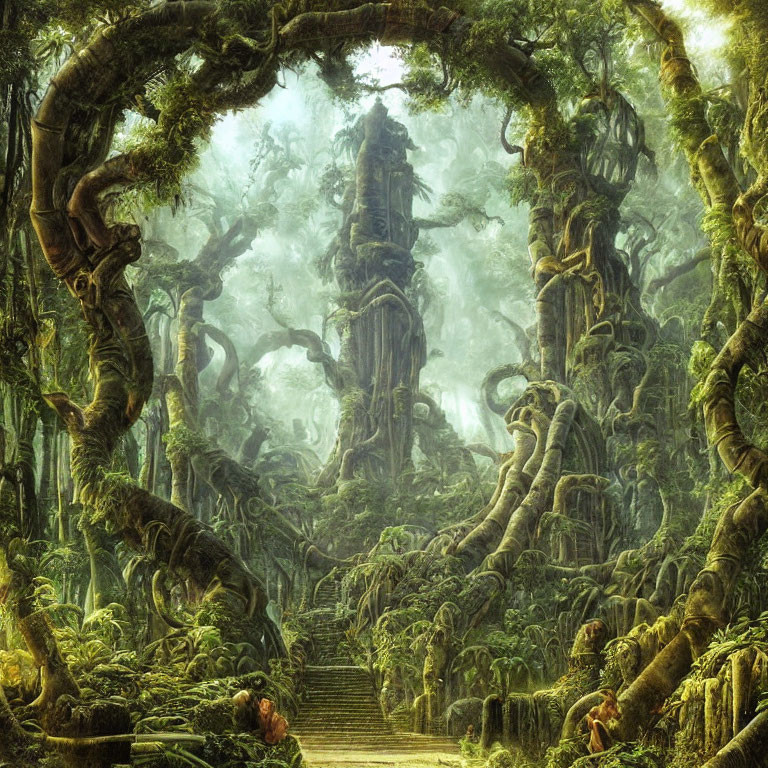 Mystical forest with ruins, ancient trees, stone staircase, and arched gateway in misty