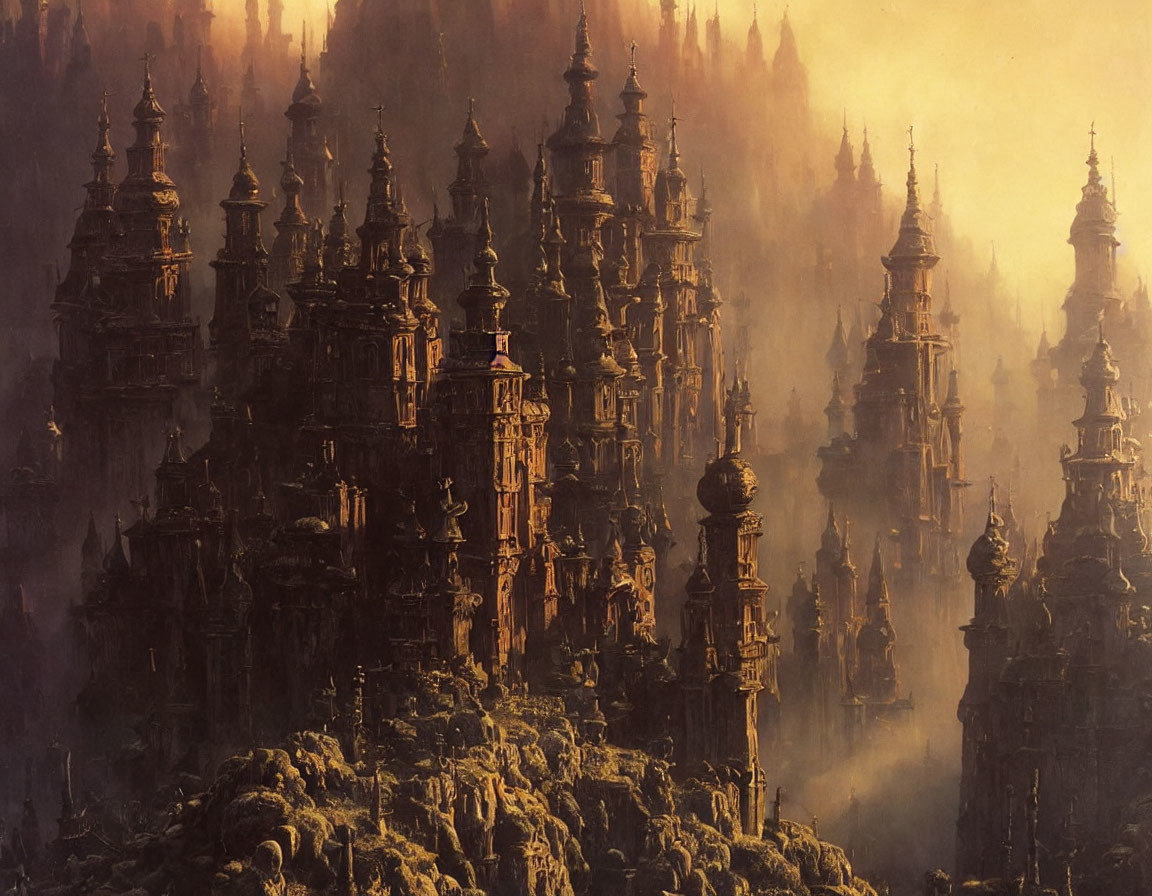 Ethereal fantasy landscape with towering spired structures in misty golden hues