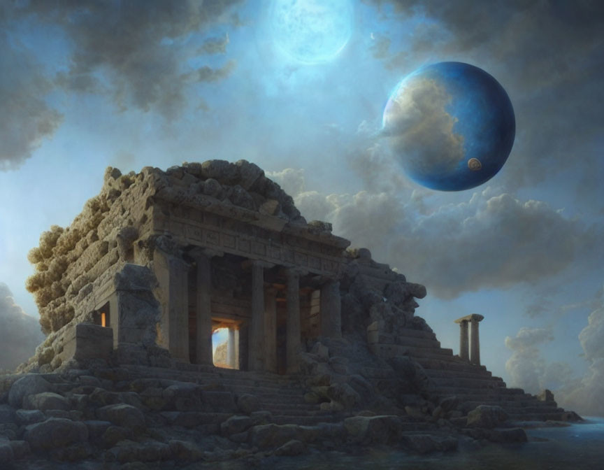 Surreal image: Ancient ruins on cloudy coastline with giant blue planet and moon.