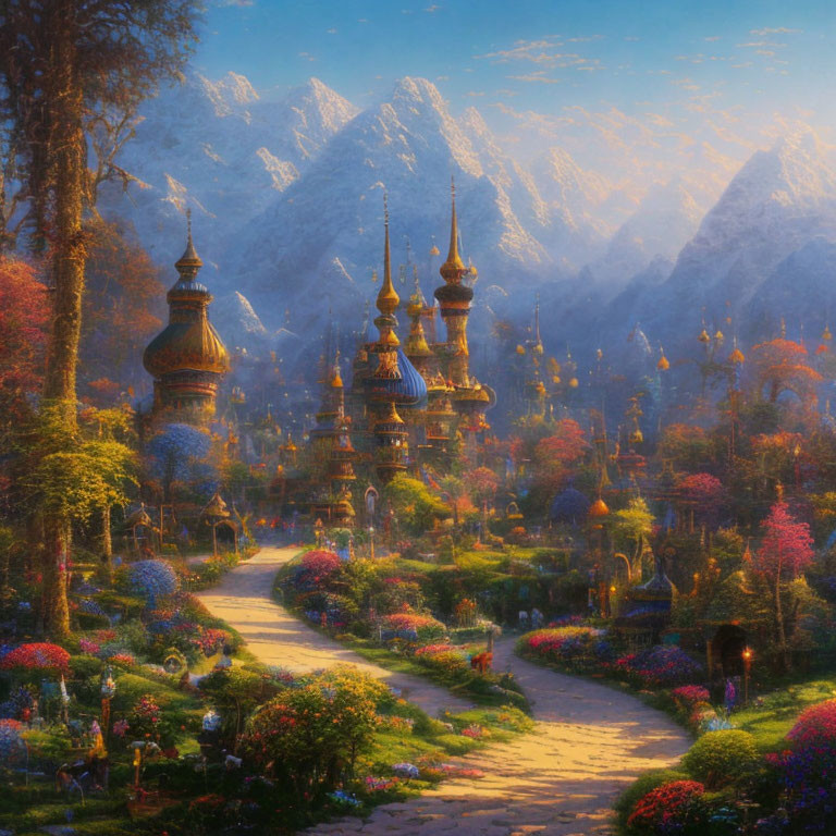 Fantasy landscape with cobblestone path, ornate towers, colorful garden, and majestic mountains