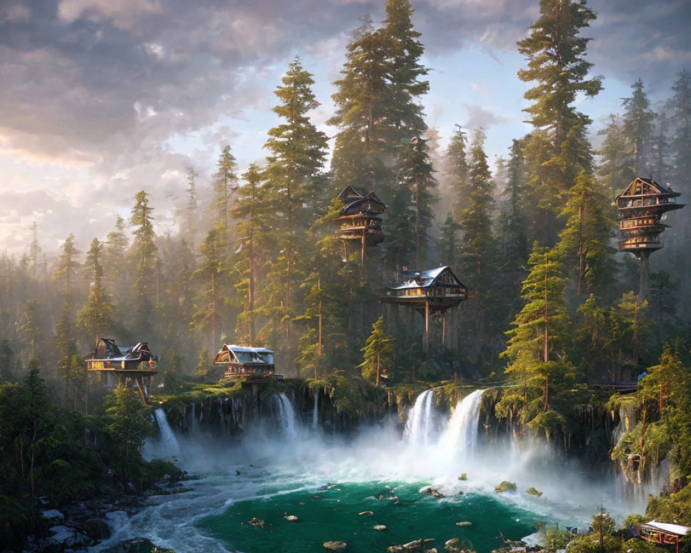 Tranquil landscape with evergreens, waterfalls, and rustic treehouses