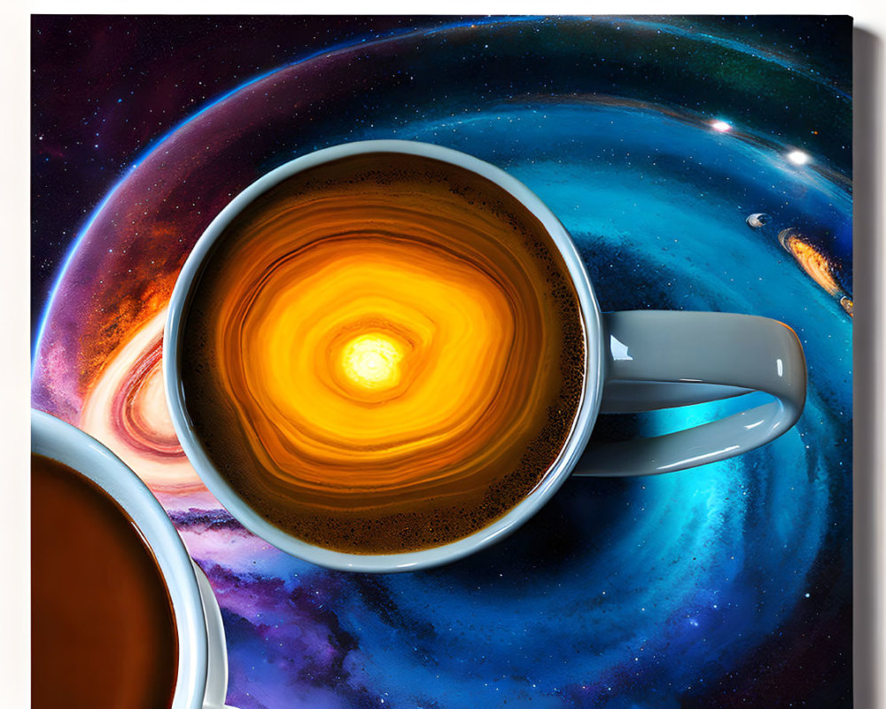 Galaxy-themed coffee cup on cosmic background