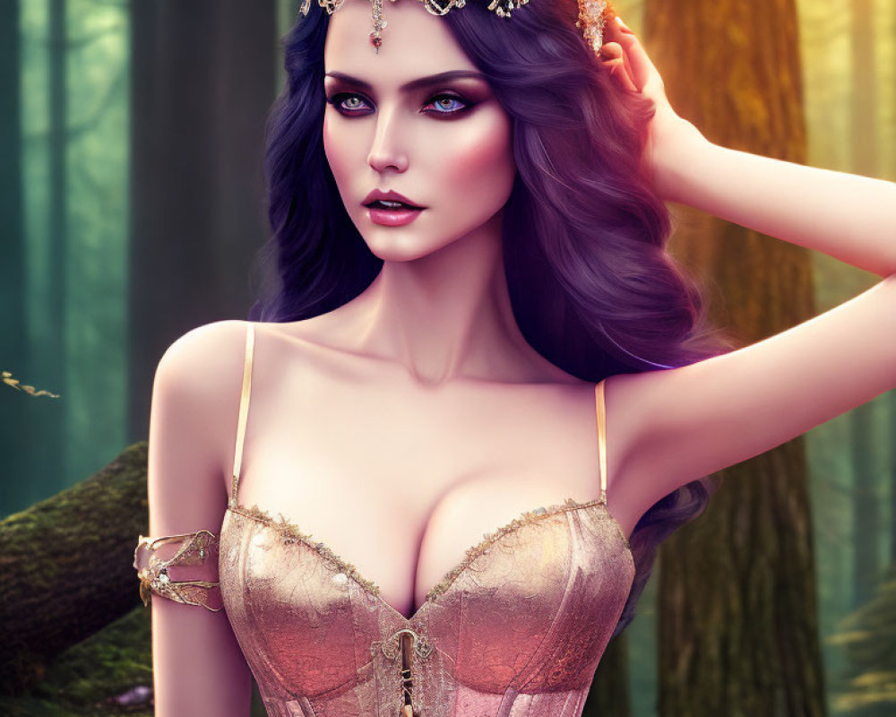 Fantasy woman with purple hair and crown in mystical forest setting