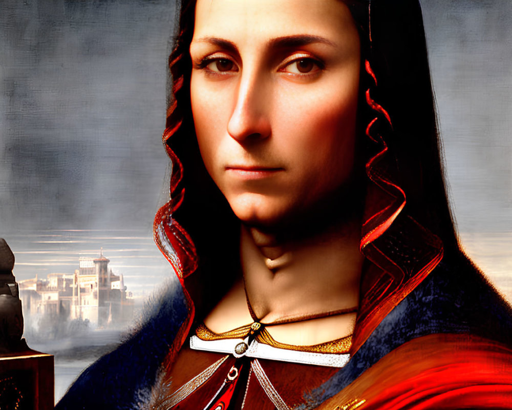 Digital portrait of woman in red dress against Renaissance-style backdrop