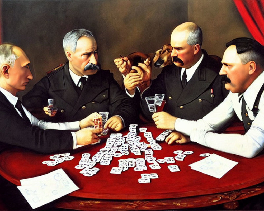 Men playing card game at red table with drinks and scattered cards