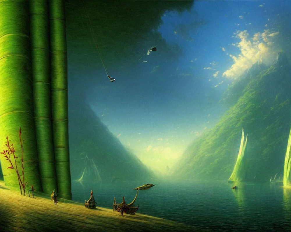 Digital artwork: Colossal bamboo stalks, tranquil river, figures, boat, ethereal landscape