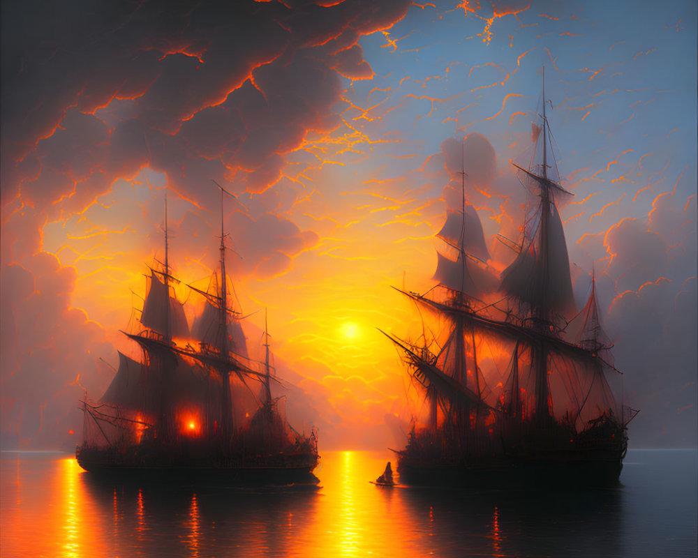 Tall ships on calm seas under dramatic orange sky with billowing clouds