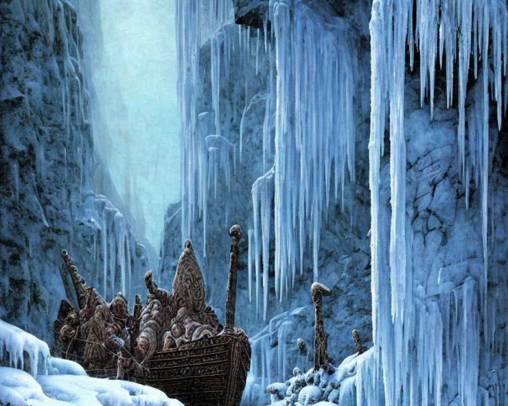 Ornate boat in icy cliffs and snow landscape