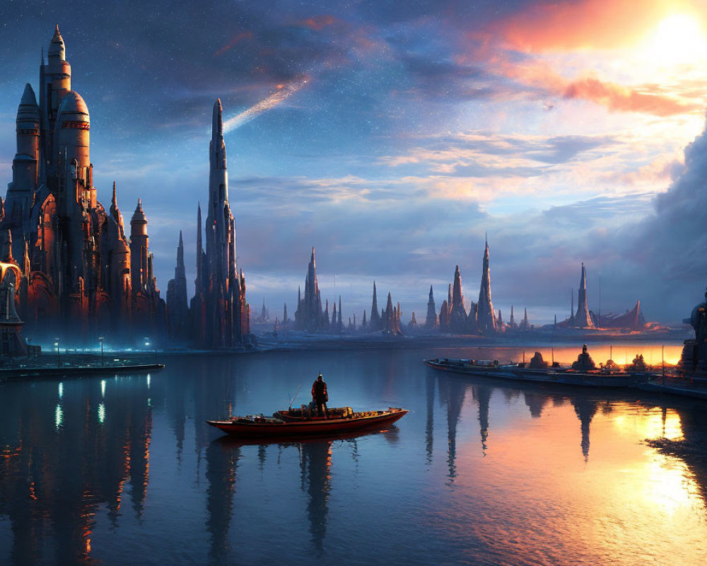 Futuristic city skyline at twilight with calm water and boat