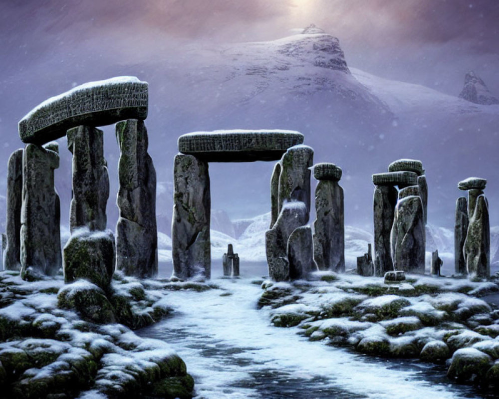 Snowy Stonehenge Twilight Scene with Figure in Purple Sky