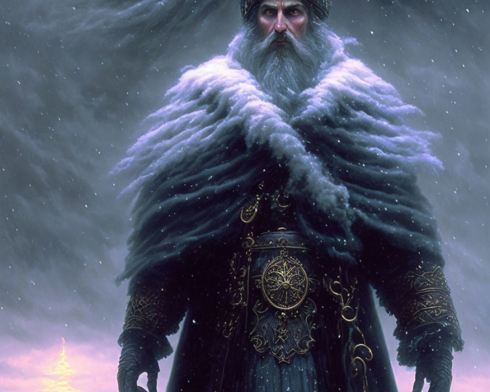 Medieval bearded man in fur cloak under snowy sky with glowing structure