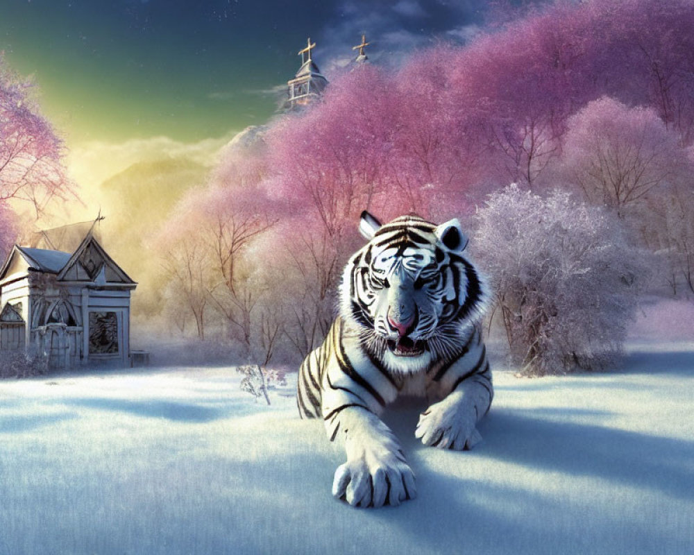 White tiger in snowy landscape with pink trees and old chapel under glowing sky