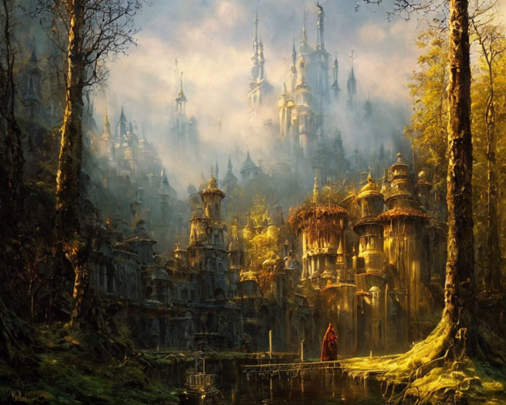 Mystical city with towering spires and cloaked figure in misty forest.