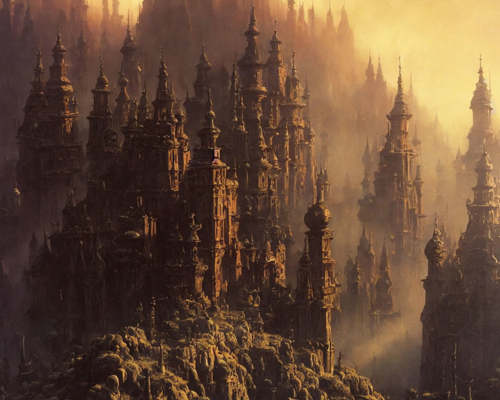 Ethereal fantasy landscape with towering spired structures in misty golden hues