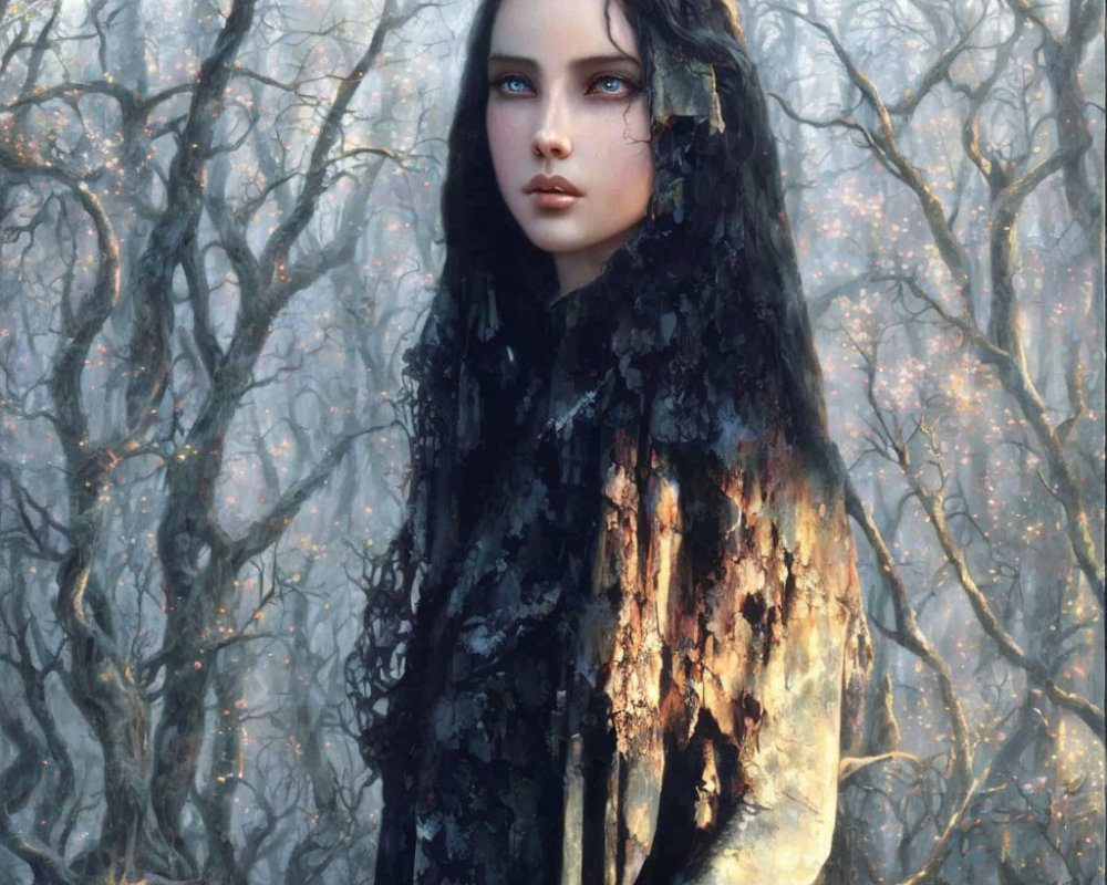 Digital Artwork: Woman with Blue Eyes in Mystical Forest