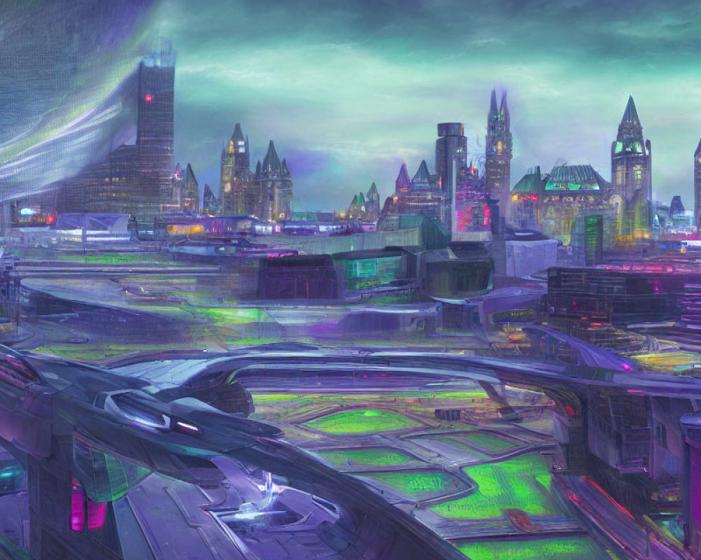 Futuristic Cityscape with Neon Lights and Skyscrapers at Twilight