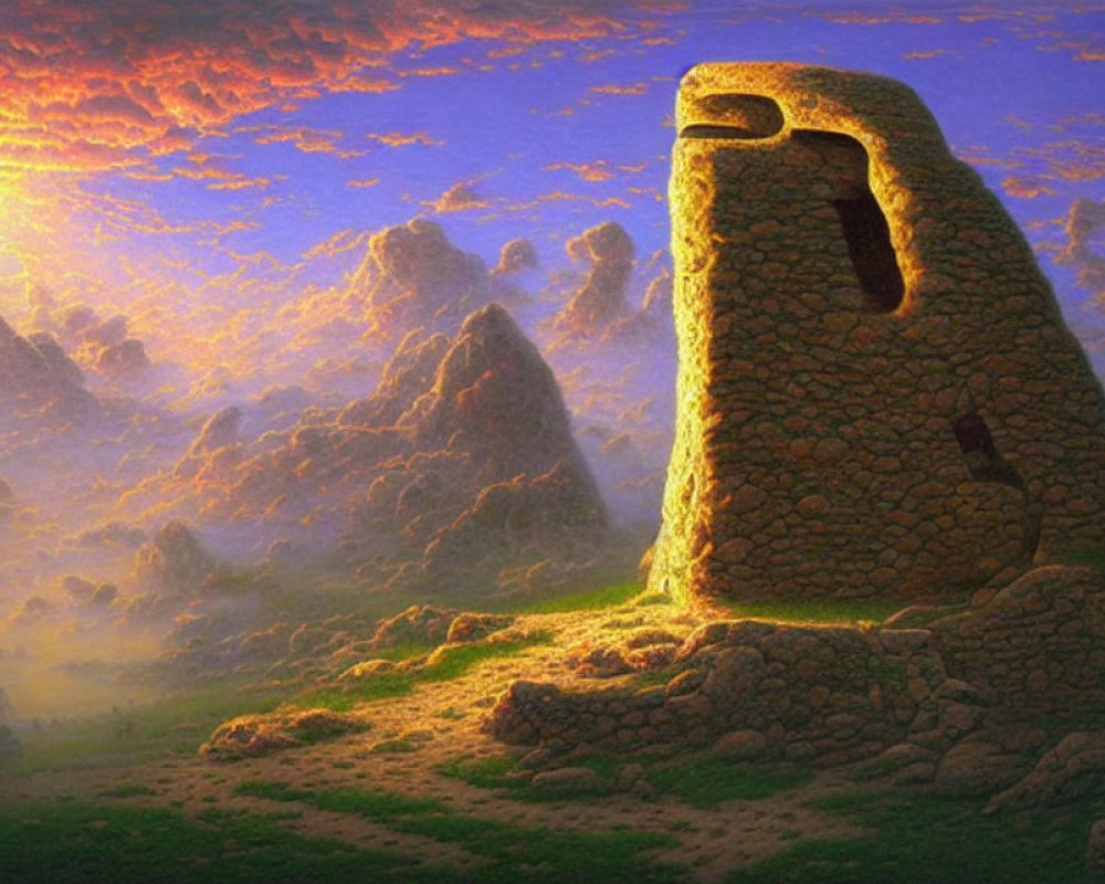 Mystical stone structure with window on grassy hill at sunrise