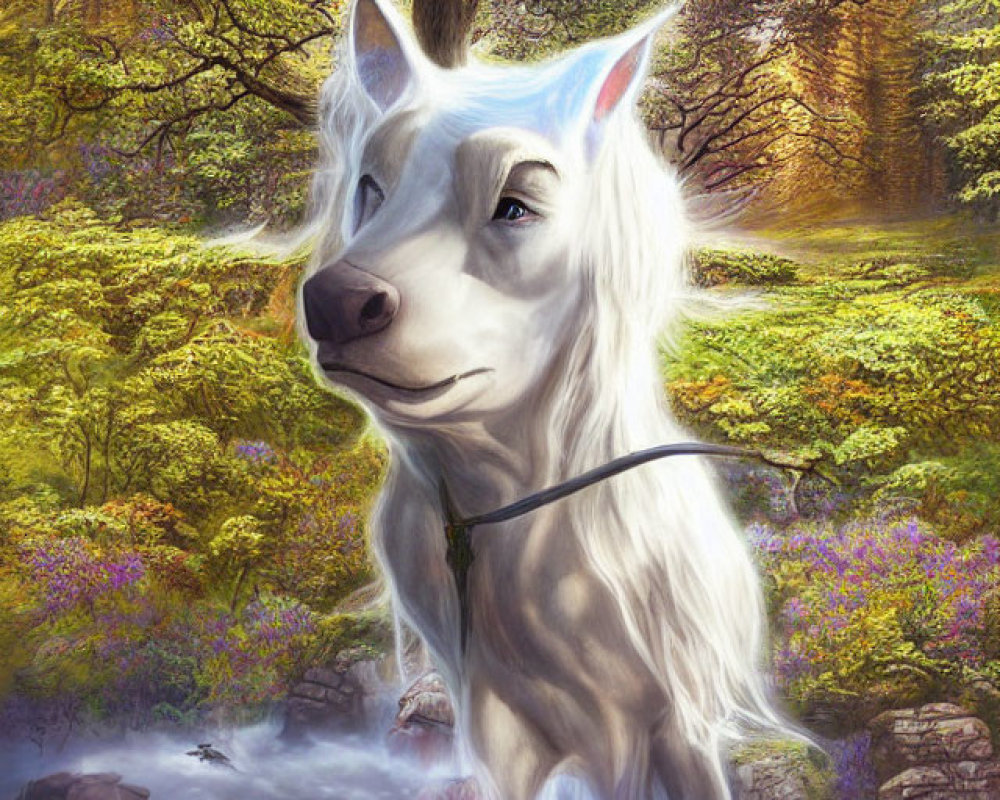 Majestic white wolf with blue eyes in vibrant forest landscape