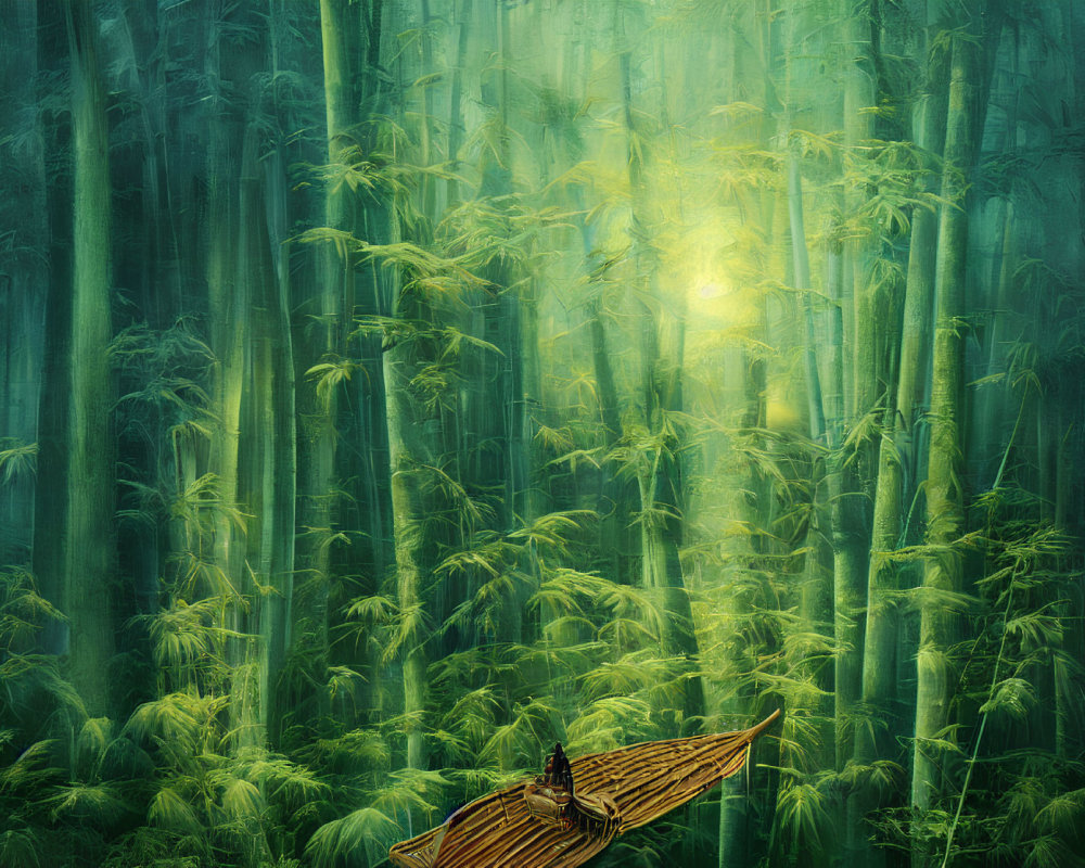 Person standing on wooden boat in serene bamboo forest with sunlight filtering through foliage