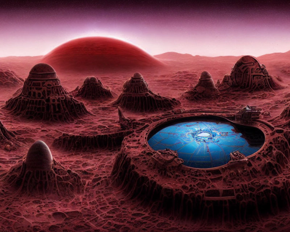 Surreal Martian landscape with crimson skies and futuristic structures