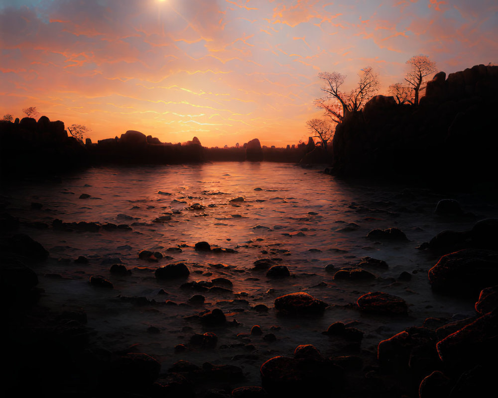 Dramatic sunset over dark rocky shoreline with vibrant clouds