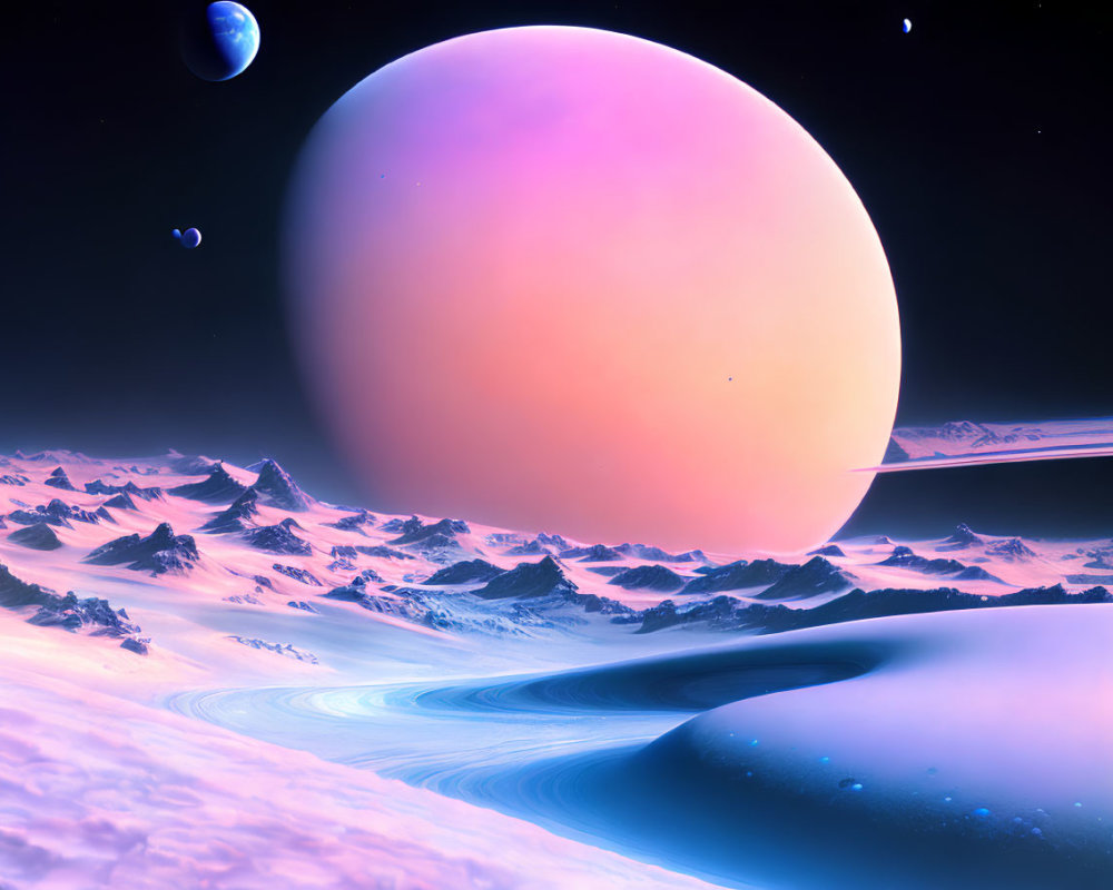 Snow-covered mountains under large pink planet in vivid sci-fi landscape