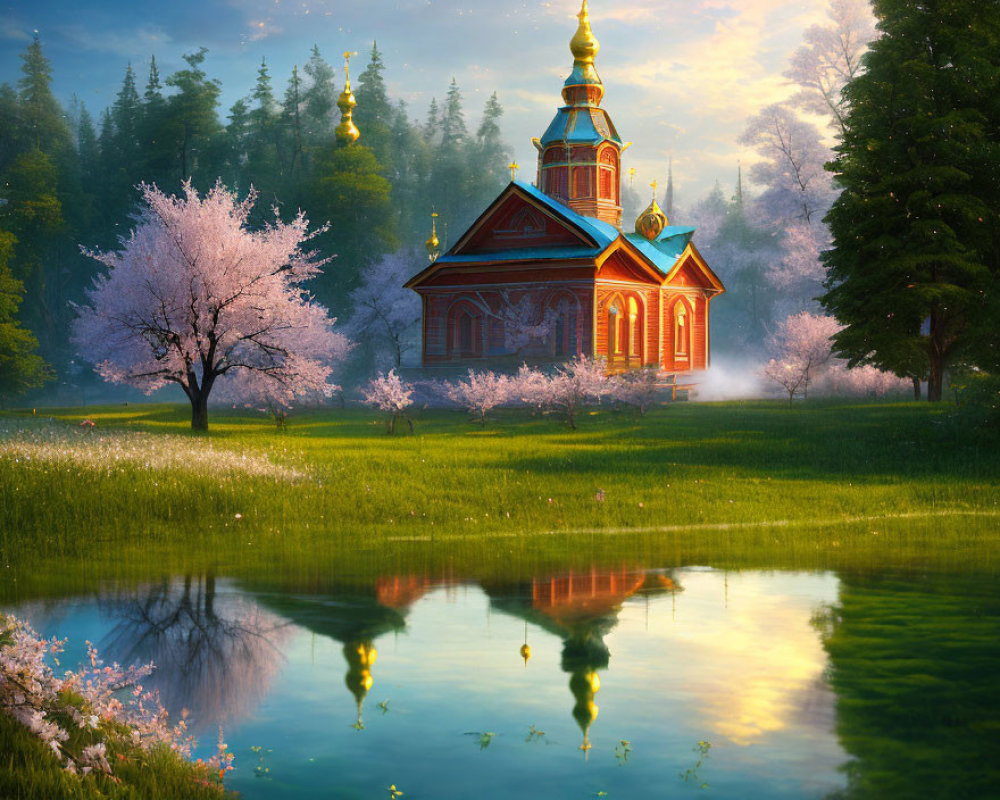 Traditional church with golden domes near pink trees and calm lake in forest setting