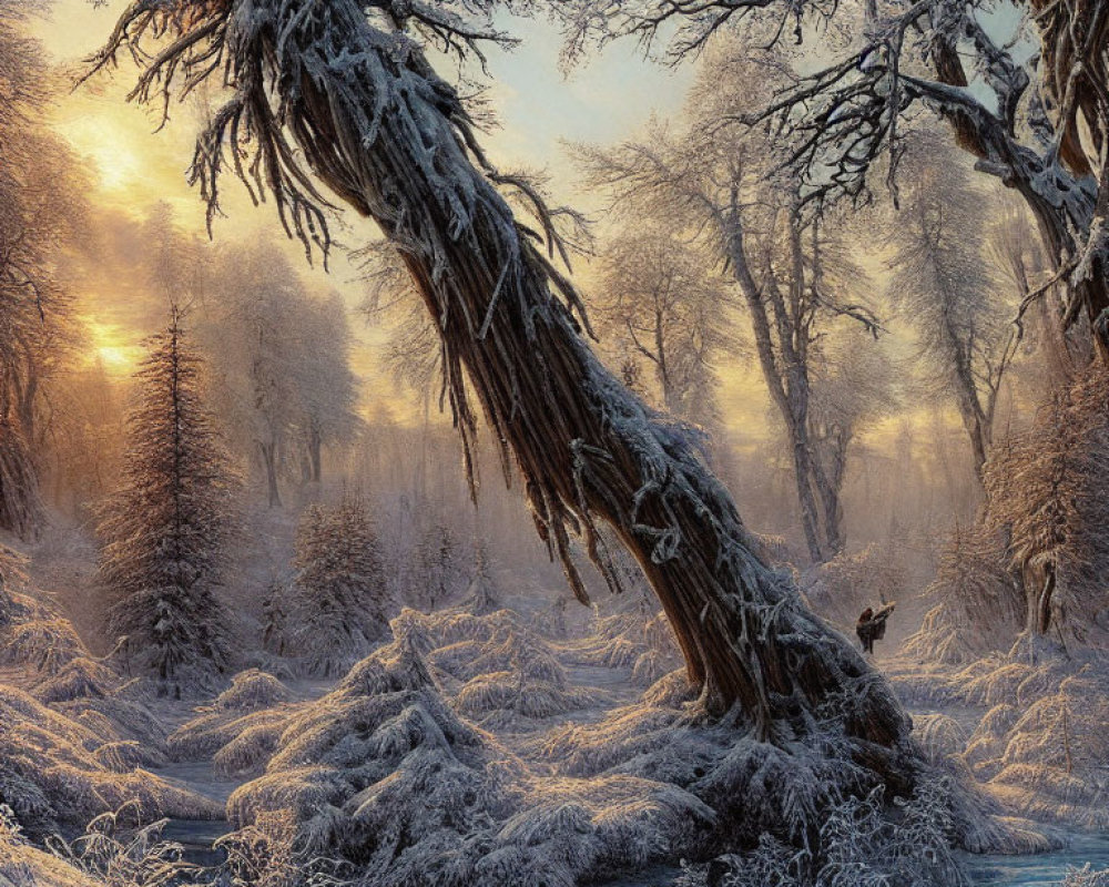 Frost-covered wintry forest with golden sunrise, mist, and stream