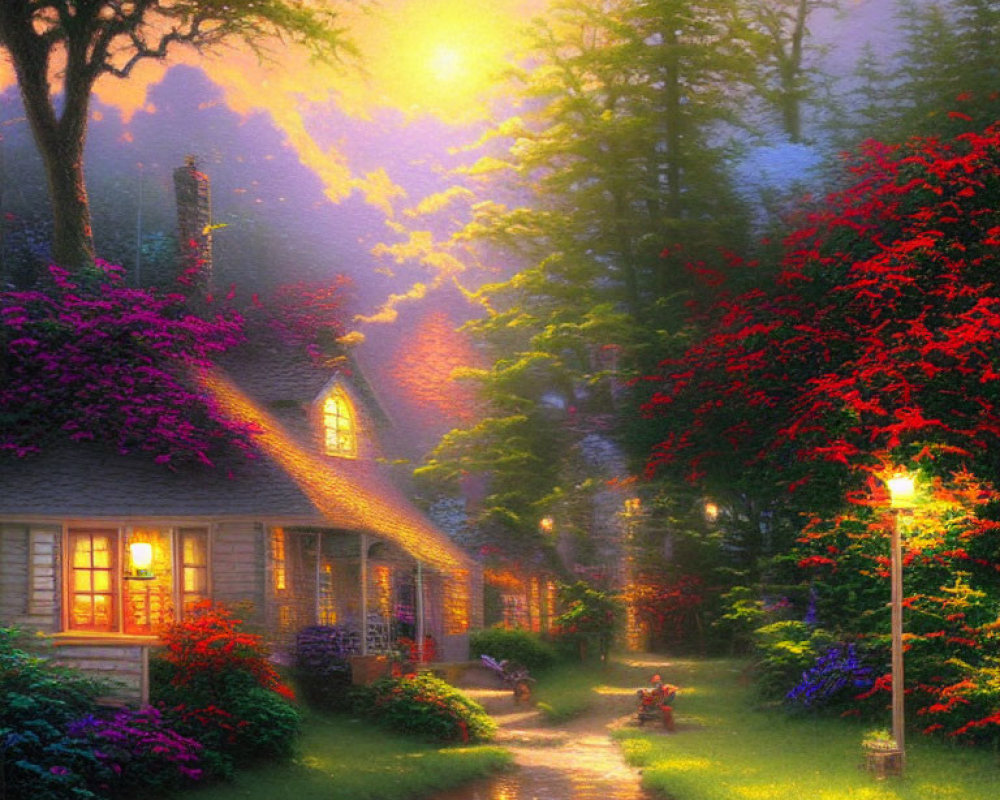 Cozy cottage surrounded by flowers at sunset with lamppost and stream