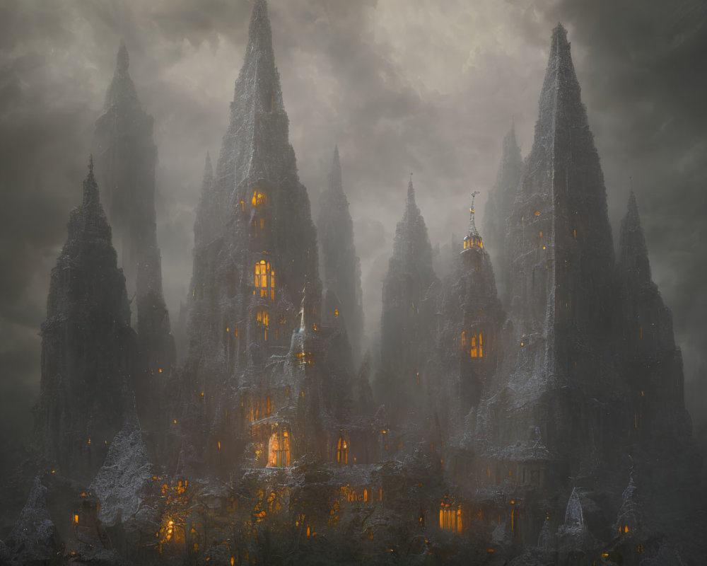 Eerie Gothic spires in dark, misty landscape with golden lights